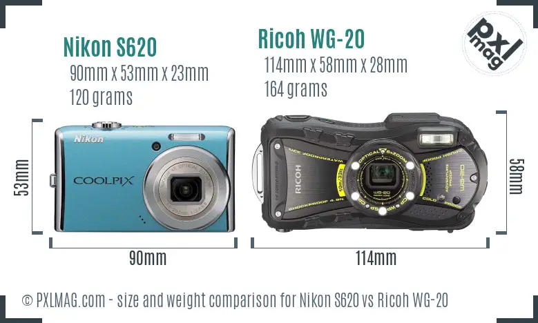 Nikon S620 vs Ricoh WG-20 size comparison