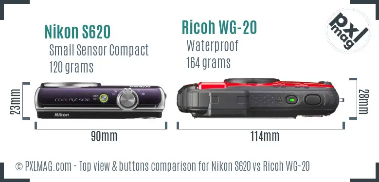 Nikon S620 vs Ricoh WG-20 top view buttons comparison