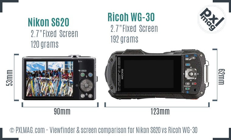 Nikon S620 vs Ricoh WG-30 Screen and Viewfinder comparison