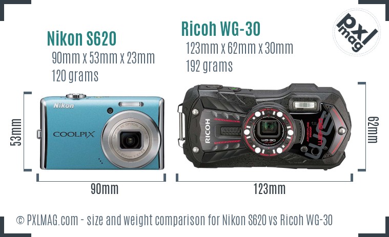 Nikon S620 vs Ricoh WG-30 size comparison