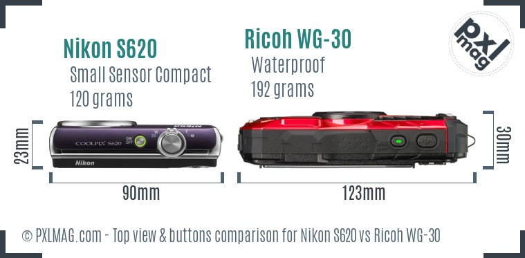 Nikon S620 vs Ricoh WG-30 top view buttons comparison