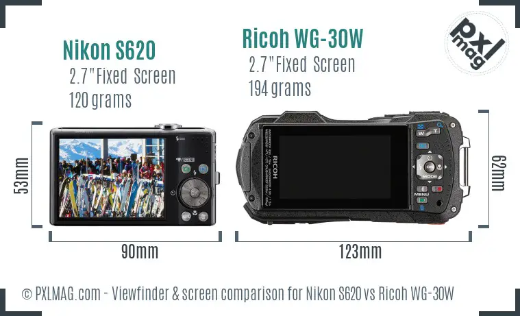 Nikon S620 vs Ricoh WG-30W Screen and Viewfinder comparison