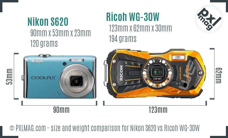 Nikon S620 vs Ricoh WG-30W size comparison