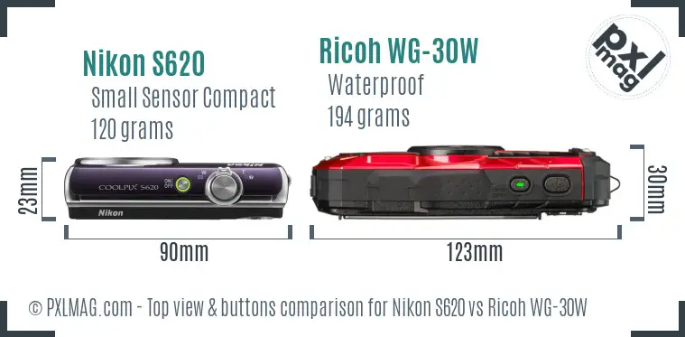 Nikon S620 vs Ricoh WG-30W top view buttons comparison