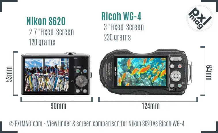 Nikon S620 vs Ricoh WG-4 Screen and Viewfinder comparison