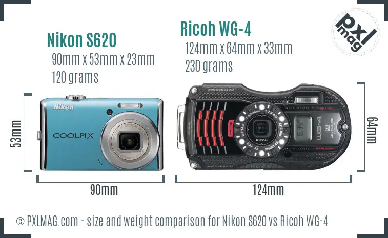 Nikon S620 vs Ricoh WG-4 size comparison