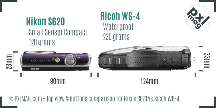 Nikon S620 vs Ricoh WG-4 top view buttons comparison