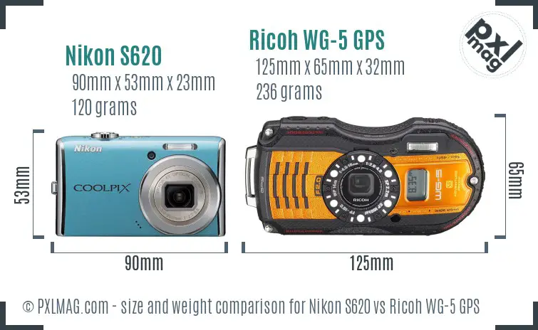 Nikon S620 vs Ricoh WG-5 GPS size comparison Nikon S620 vs Ricoh WG-5 GPS size comparison