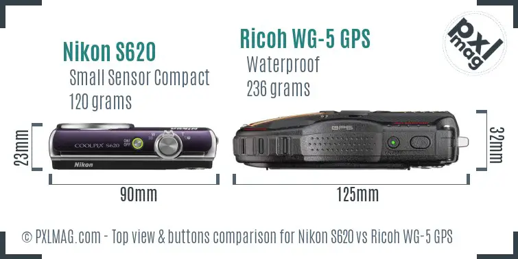 Nikon S620 vs Ricoh WG-5 GPS top view buttons comparison Nikon S620 vs Ricoh WG-5 GPS top view buttons comparison