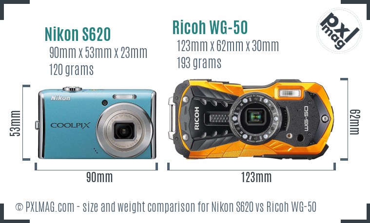 Nikon S620 vs Ricoh WG-50 size comparison