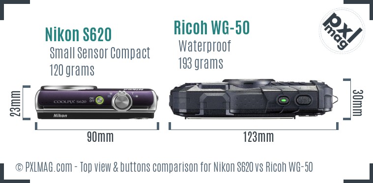 Nikon S620 vs Ricoh WG-50 top view buttons comparison