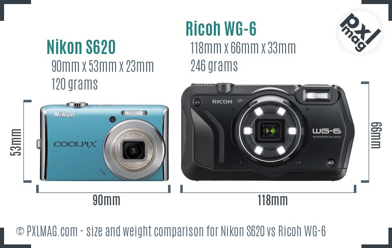 Nikon S620 vs Ricoh WG-6 size comparison