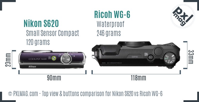 Nikon S620 vs Ricoh WG-6 top view buttons comparison