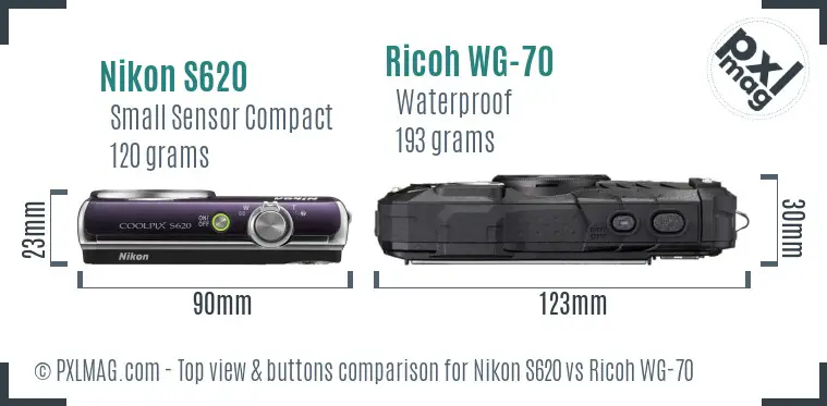 Nikon S620 vs Ricoh WG-70 top view buttons comparison Nikon S620 vs Ricoh WG-70 top view buttons comparison