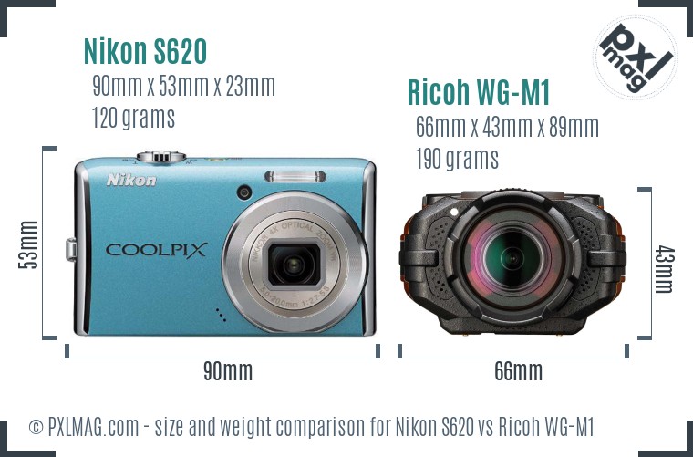 Nikon S620 vs Ricoh WG-M1 size comparison
