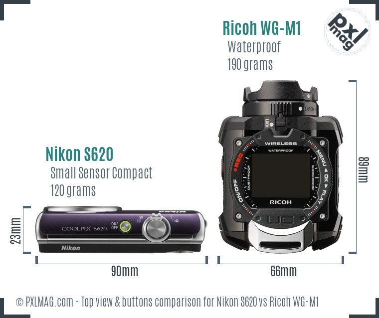Nikon S620 vs Ricoh WG-M1 top view buttons comparison