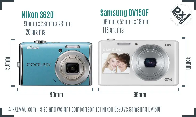 Nikon S620 vs Samsung DV150F size comparison