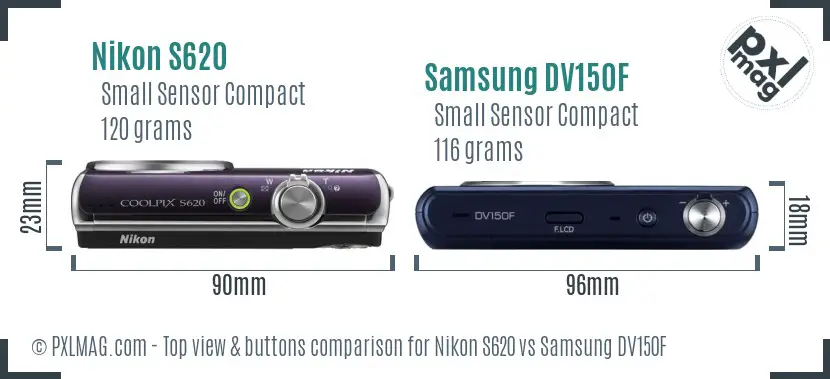 Nikon S620 vs Samsung DV150F top view buttons comparison