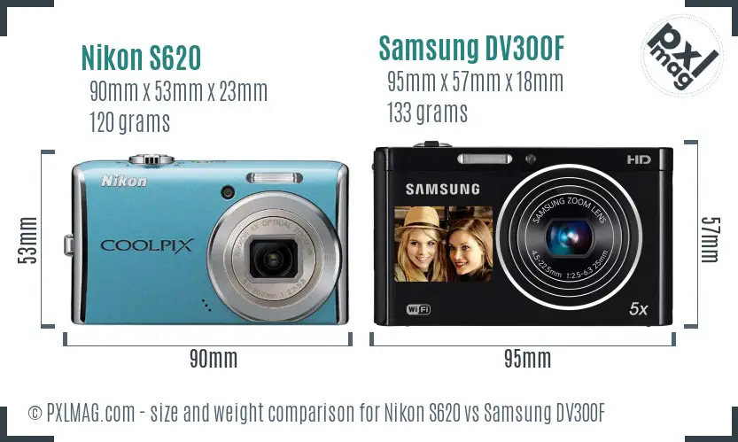 Nikon S620 vs Samsung DV300F size comparison