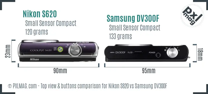 Nikon S620 vs Samsung DV300F top view buttons comparison