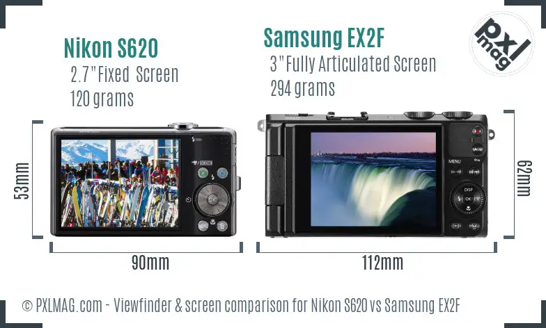 Nikon S620 vs Samsung EX2F Screen and Viewfinder comparison