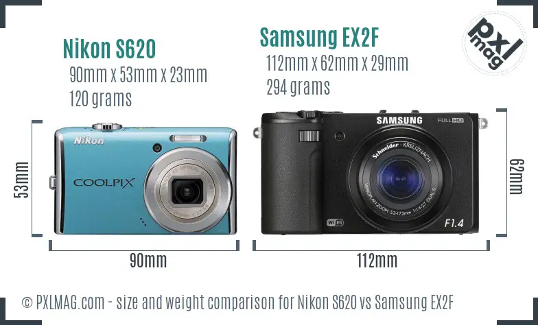 Nikon S620 vs Samsung EX2F size comparison