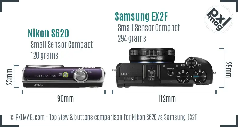 Nikon S620 vs Samsung EX2F top view buttons comparison