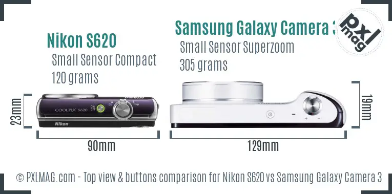Nikon S620 vs Samsung Galaxy Camera 3G top view buttons comparison