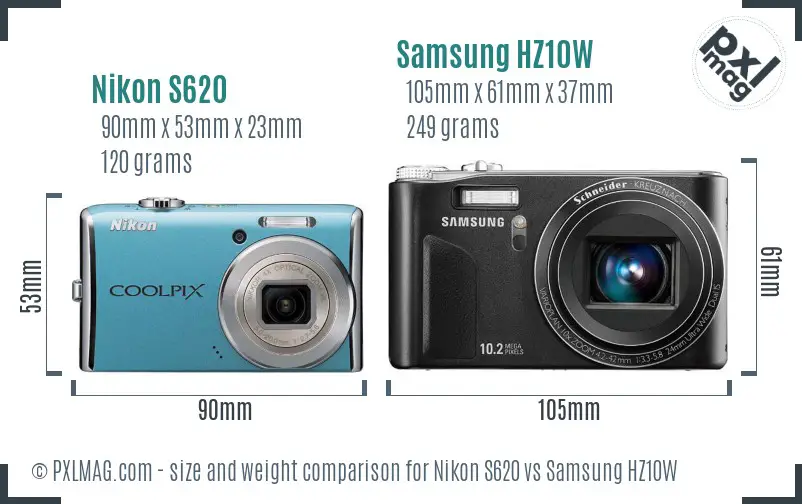 Nikon S620 vs Samsung HZ10W size comparison