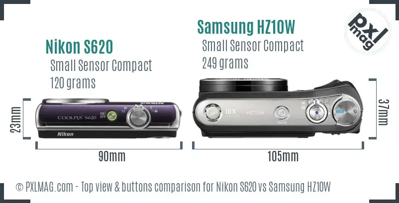 Nikon S620 vs Samsung HZ10W top view buttons comparison