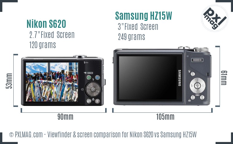 Nikon S620 vs Samsung HZ15W Screen and Viewfinder comparison