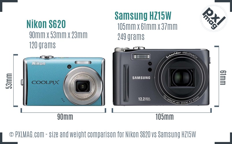 Nikon S620 vs Samsung HZ15W size comparison
