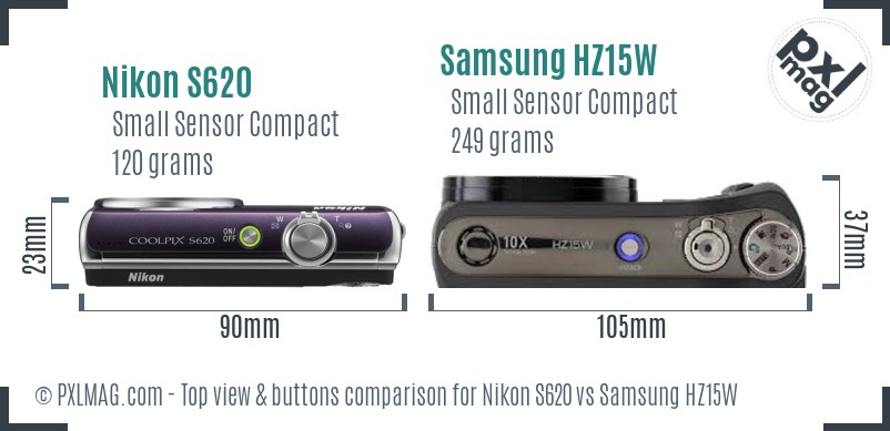 Nikon S620 vs Samsung HZ15W top view buttons comparison