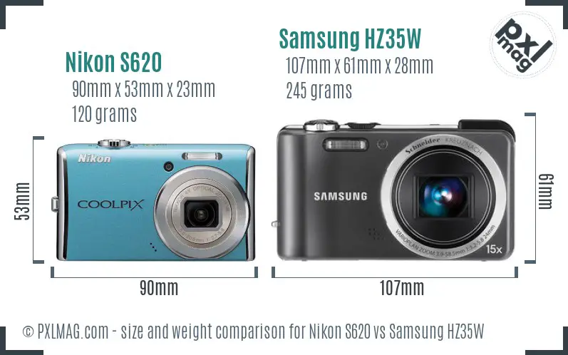 Nikon S620 vs Samsung HZ35W size comparison