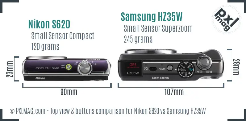 Nikon S620 vs Samsung HZ35W top view buttons comparison