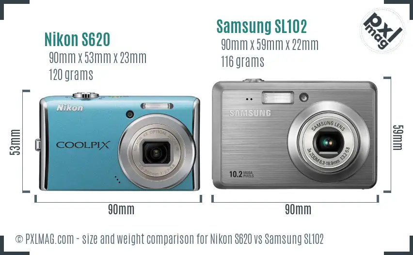 Nikon S620 vs Samsung SL102 size comparison