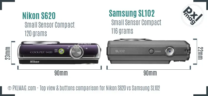 Nikon S620 vs Samsung SL102 top view buttons comparison