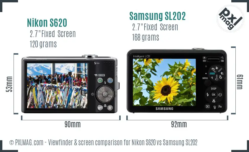 Nikon S620 vs Samsung SL202 Screen and Viewfinder comparison