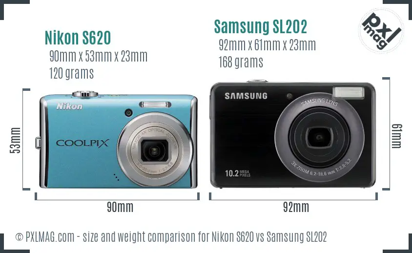 Nikon S620 vs Samsung SL202 size comparison