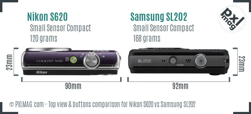 Nikon S620 vs Samsung SL202 top view buttons comparison