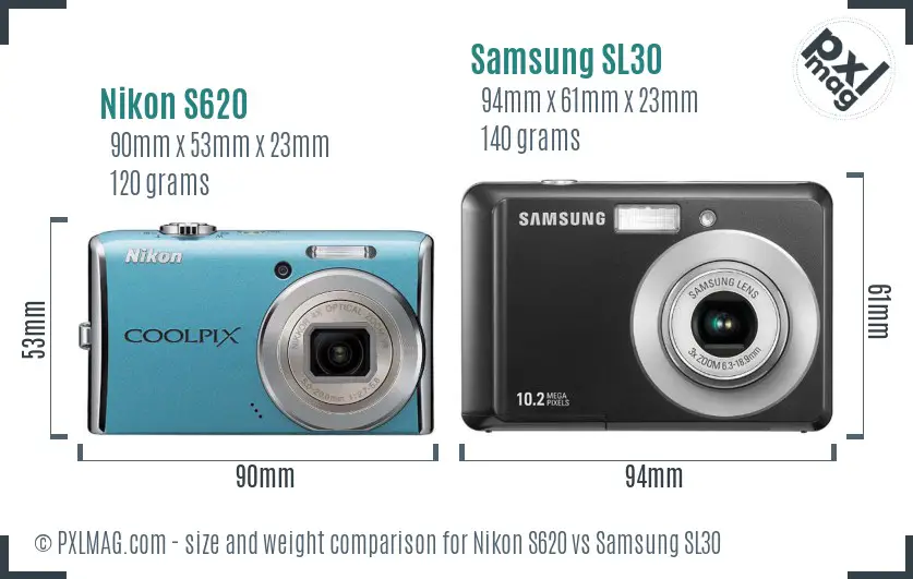 Nikon S620 vs Samsung SL30 size comparison