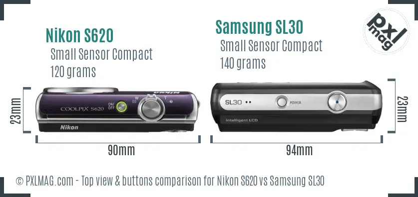 Nikon S620 vs Samsung SL30 top view buttons comparison