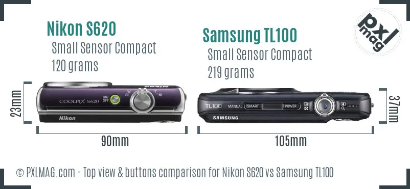 Nikon S620 vs Samsung TL100 top view buttons comparison