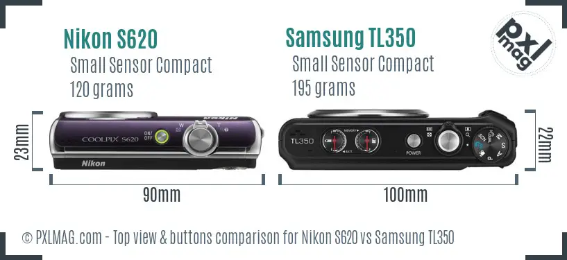 Nikon S620 vs Samsung TL350 top view buttons comparison