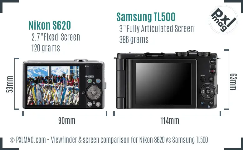 Nikon S620 vs Samsung TL500 Screen and Viewfinder comparison