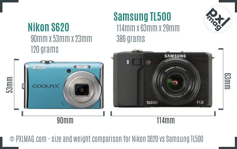 Nikon S620 vs Samsung TL500 size comparison