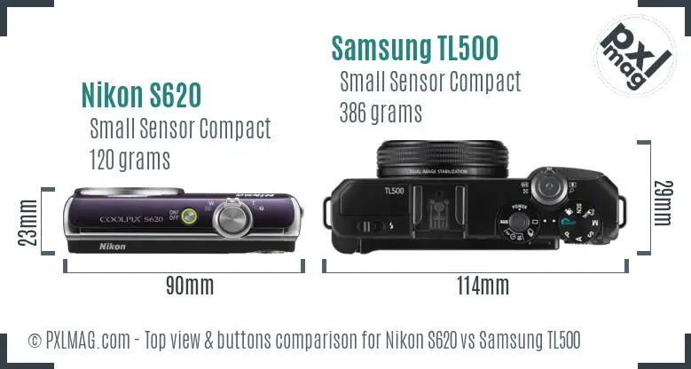 Nikon S620 vs Samsung TL500 top view buttons comparison