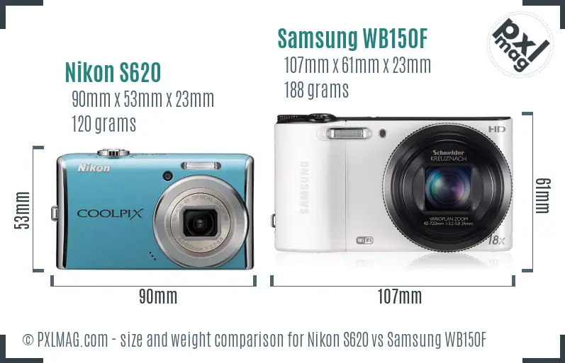 Nikon S620 vs Samsung WB150F size comparison