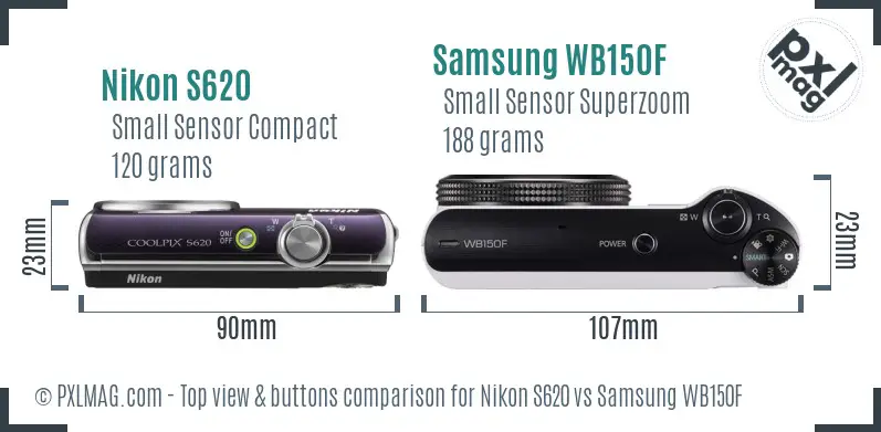 Nikon S620 vs Samsung WB150F top view buttons comparison