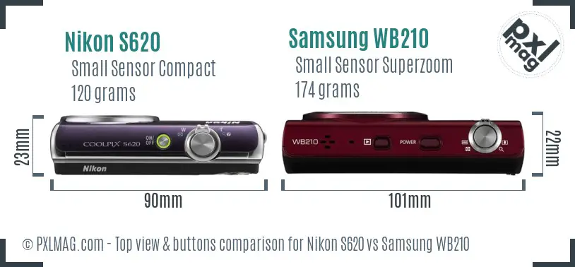 Nikon S620 vs Samsung WB210 top view buttons comparison Nikon S620 vs Samsung WB210 top view buttons comparison